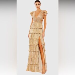 IEENA FOR MAC DUGGAL Gold Ruffle Tiered Criss Cross Lace Up Gown